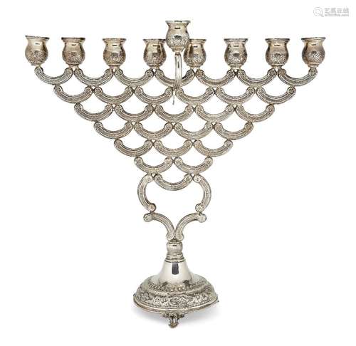 A large Continental silver menorah, stamped 800 and with indistinct maker's mark, possibly IW, the