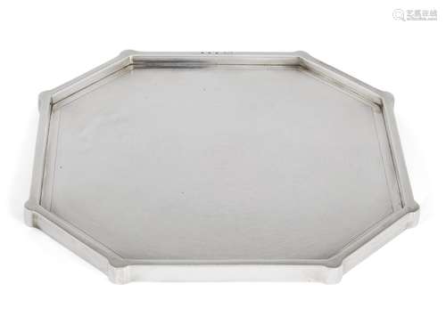 An octagonal Britannia silver covered presentation tray, London, c.1929, British Metallising Co