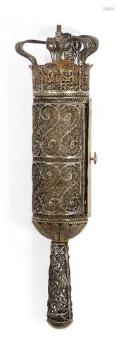 A parcel gilt silver filigree cased presentation scroll presented to Pierre Eugene Gilbert, French