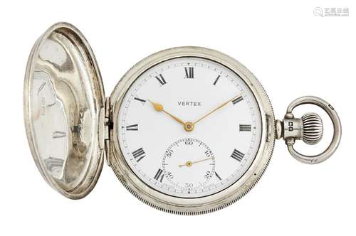 A silver hunter-case pocket watch, by Vertex, the white enamel dial with Roman numerals,