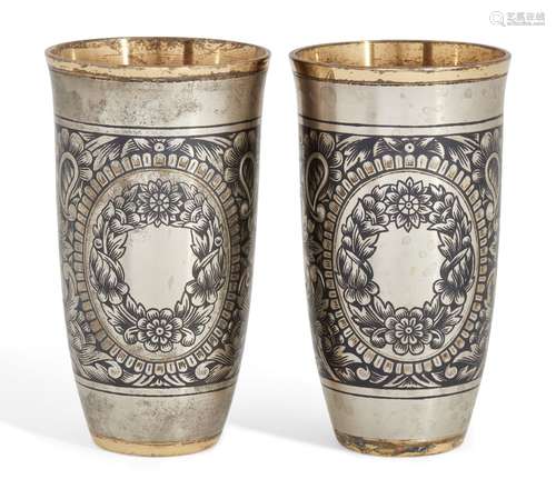 A pair of Russian silver niello liqueur cups, post 1956, Veliky Ustyug, Severnaya Chern factory,