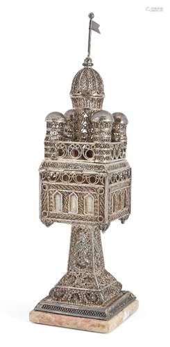 A silver filigree spice tower of architectural form, by the Bezalel school, Jerusalem, c.1920,