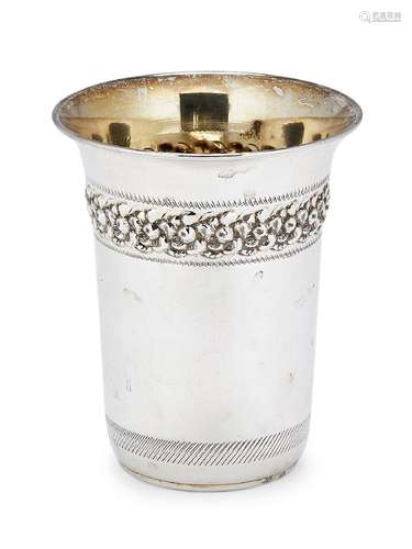 A silver Kiddush cup, stamped ST925, of plain, cylindrical form with a single floral repousse band