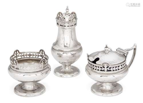 A three-piece silver cruet set, Birmingham, c.1940, Harrison & Hipwood, each piece with pierced