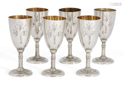 A set of six Russian silver Kiddush cups, Volga-Vyatskaya region, post 1958, designed as miniature