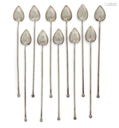 Eleven silver cocktail straws, stamped Sterling, each designed as a heart-shaped spoon to a long