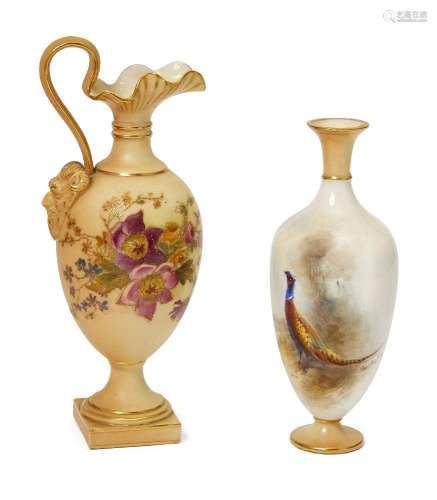 A Royal Worcester vase, painted by James? Stinton, decorated with a pheasant in woodland, puce