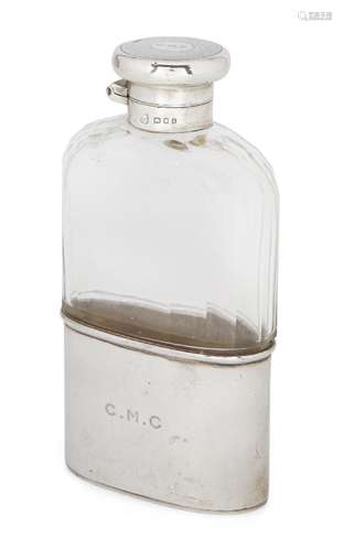 A silver and cut glass hip flask, London, c.1926, Charles Henry Dumenil, with removable silver cup