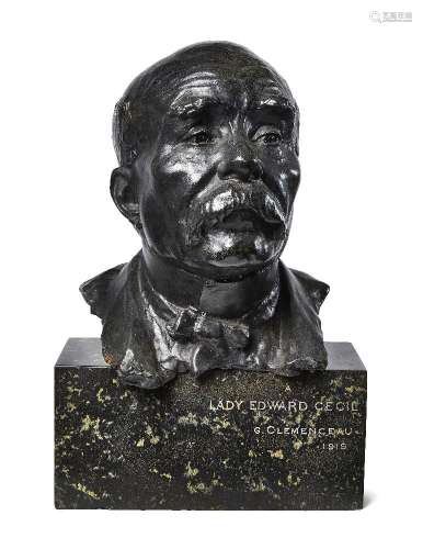 François Léon Sicard, French, 1862-1934, a bronze portrait bust of Georges Clemenceau, dedicated