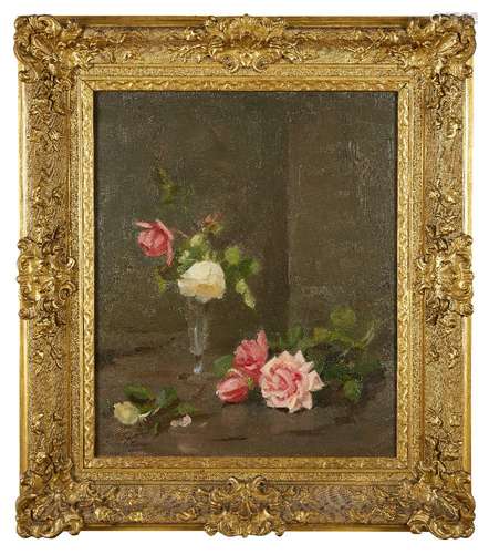 Louise Ellen Perman, Scottish 1854-1921- Still life of pink and white roses; oil on canvas,