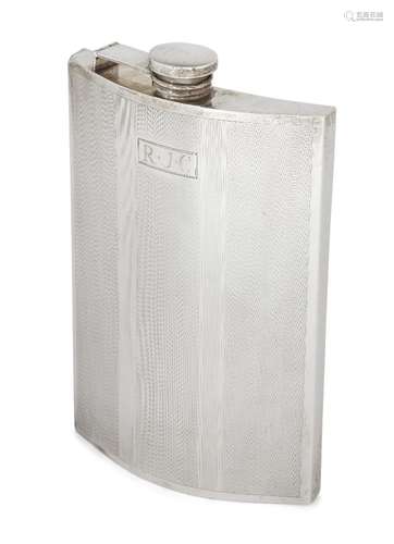 A large Continental silver hip flask, stamped sterling, 3/4 pint, of curved rectangular form with