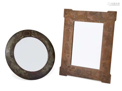 Two Chinese copper framed mirrors, early 20th century, one of rectangular form engraved with the