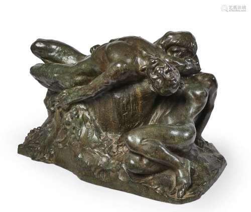 Giovanni Nicolini, Italian, 1872-1956, 'Ebbro' (Drunk), bronze, modelled as a nymph and satyr