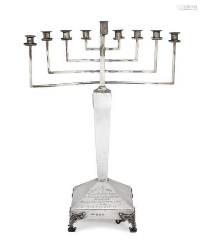 A silver nine-branch Hanukkah menorah, Birmingham, c.1949, W H Haseler Ltd, the square pyramidal