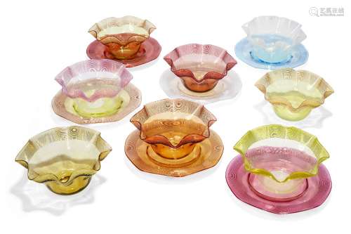 A multi-colour glass part dessert service, early 20th century, each piece with reeded border,