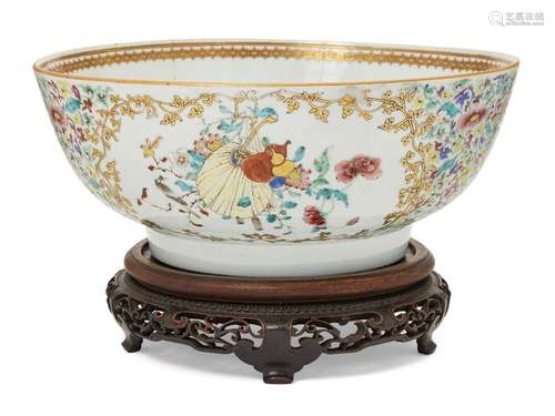 A large Chinese Canton porcelain famille rose punch bowl, Jiaqing period, painted with a panel