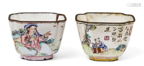 A pair of Chinese Canton enamel square wine cups, 18th century, painted in famille rose enamels with