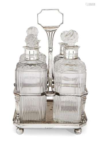 A George III silver mounted four-bottle decanter set, London, c.1802, Robert Hennell I & Samuel