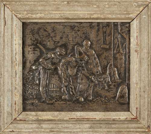 A pair of Italian silvered bronze Commedia dell'arte relief plaques, late 19th/early 20th century,