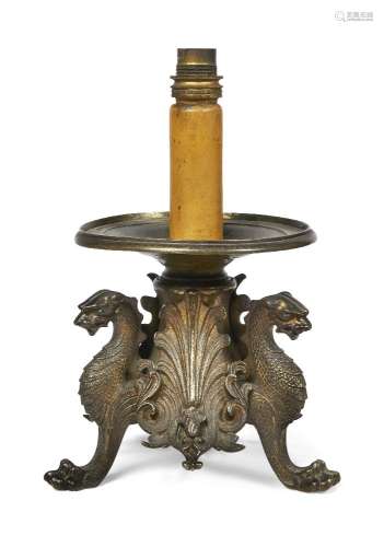 A French gilt-bronze lamp, probably by Barbedienne, third quarter 19th century, with chimera triform