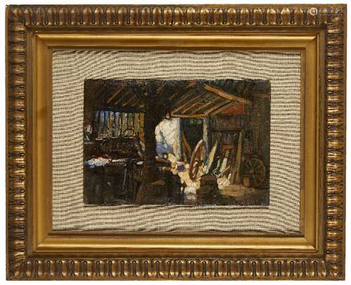 Attributed to Clare Atwood NEAC ASWA, British 1866-1962- The Wheelwright's Shop; oil on board, 19.