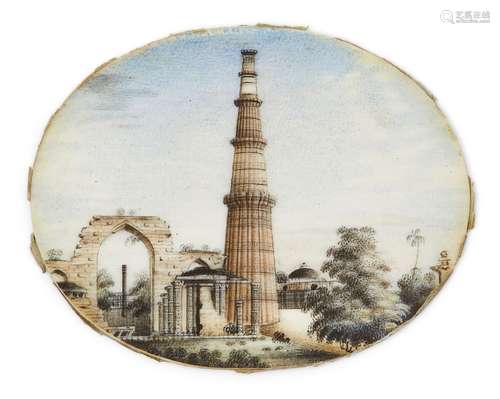 A miniature painting on ivory of the Qutub Minar, Delhi, India, circa 1830, of oval shape, unframed,