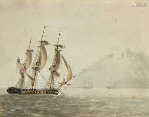 Follower of John Cleveley the Younger, British 1747-1786- Frigate near a fortified headland; pen and