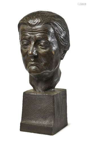 Jacob Plessner, German, 1871-1942, a bronze portrait bust of a lady, dated 1928, the integral plinth