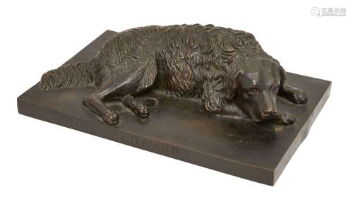 A bronze model of a reclining hound 'Bernard', French or English, dated 1855, the integral