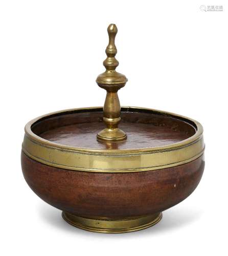 A brass-mounted turned treen tobacco bowl and cover, possibly Dutch East Indies, 18th century, for