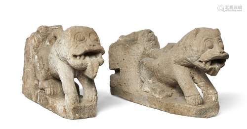 A pair of carved stone lions, Rajasthan, North India, 19th century, formally architectural supports,