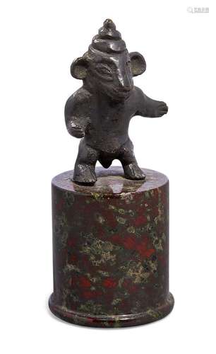 A bronze figure of Ganesha's vahana the mouse, India, 17th-18th century, on marble plinth, overall