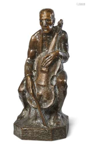 Leopold Fleischhacker, German, 1882-1946, a bronze model of a cello player, the seated figure on