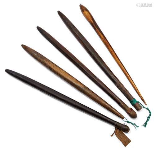 Five African hardwood throwing clubs, early 20th century, each with tapered ends, 65-72cm (5)