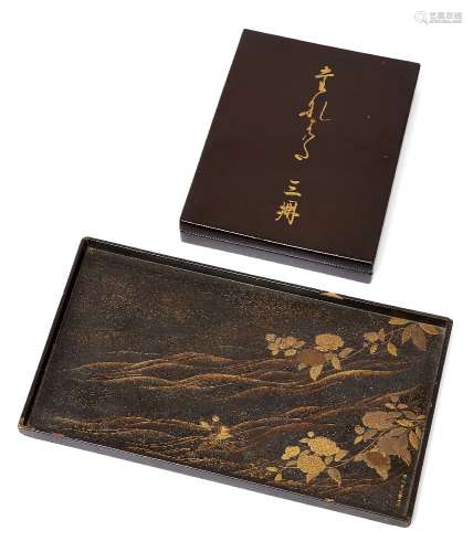 A Japanese lacquer rectangular tray and box, Meiji period, the tray finely gilt painted with