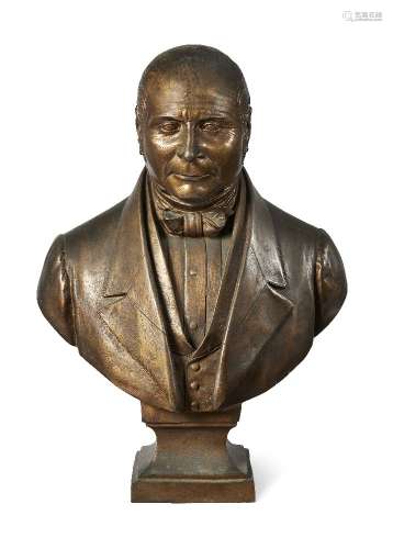 A bronze portrait bust of a gentleman, late 19th century, depicted wearing cravat, waistcoat and