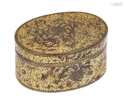 A French gilt-copper oval box, probably 18th century, engraved in the rococo taste with flowers, 8cm