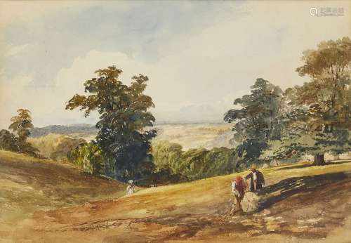 Attributed to David Hall McKewan, British 1816-1875- Groundsmen on a hillside with woodland and a