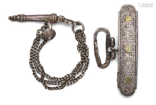 A set of tweezers in a white metal case with chain attachment, and a koftgari work rest, India, 19th