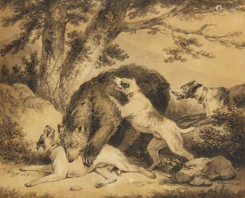 George Morland, British 1763-1804- A bear being attacked by dogs; brush and black ink with touches