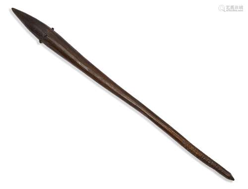 An Aboriginal hardwood throwing club, late 19th century, chip carved grip, adorned to the broad head