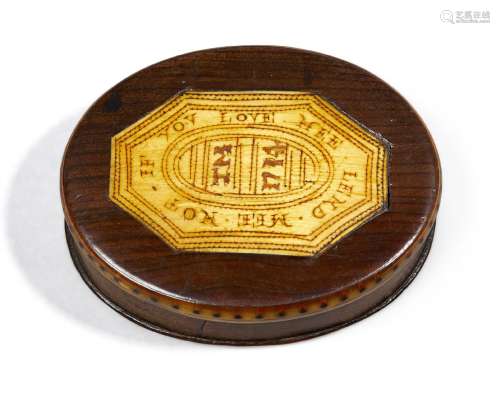 An English horn mounted treen snuff box, dated 1714, the cover inscribed IF YOU LOVE ME LEND ME