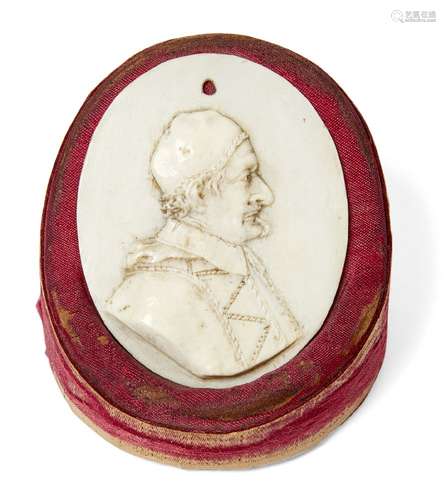 An Italian carved ivory relief plaque of a Cardinal, 17th/18th century, depicted wearing episcopal