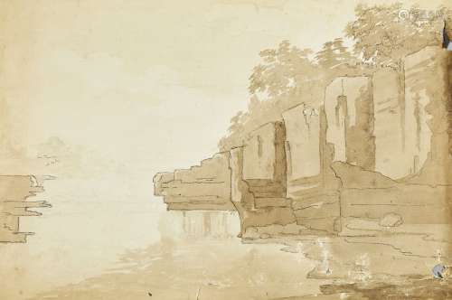 British School, late 18th/early 19th century- River landscape with a rocky escarpment; pen and brown