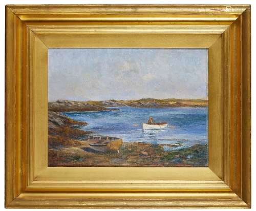 British/Irish School, late 19th/early 20th century- Figure in a dingy in a tranquil cove; oil on