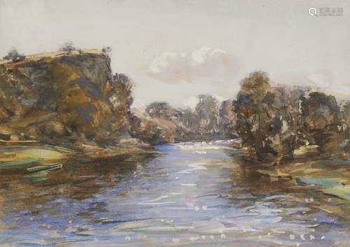 Follower of Samuel John Lamorna Birch RA RWS, British 1869-1955- River landscape; watercolour and