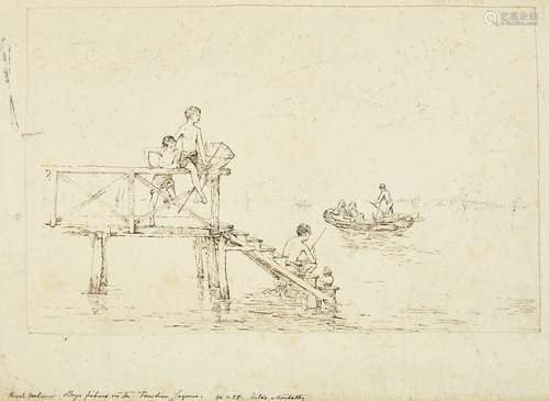 Hilda Montalba, British 1845-1919- Boys Fishing on the Venetian Lagoon; pen and brown ink, signed,