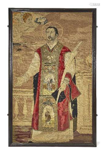 A Continental tapestry panel of a saint, probably Saint Ignatius, late 18th/early 19th century, with