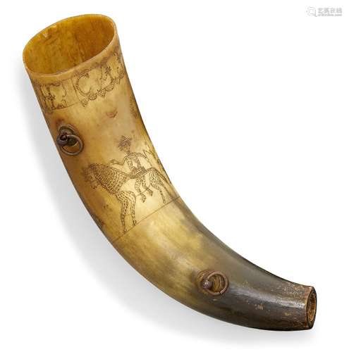 A cow horn powder flask, possibly Scandinavian, 18th/19th century, inscribed with a figure on