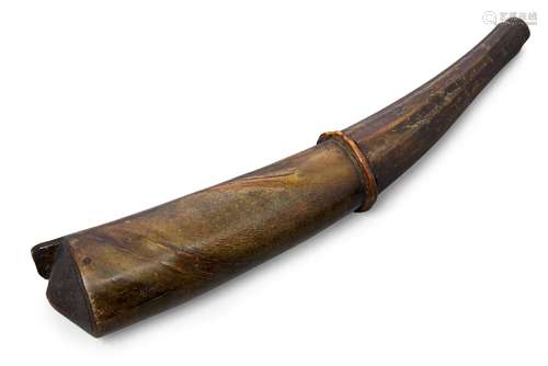 A large horn flask, 19th century, carved in two sections with wood stopper, 34cm longPlease refer to